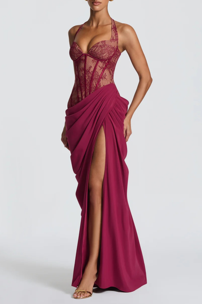 Eilisa Halter Lace Corset Split Maxi Dress - Wine