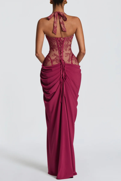 Eilisa Halter Lace Corset Split Maxi Dress - Wine