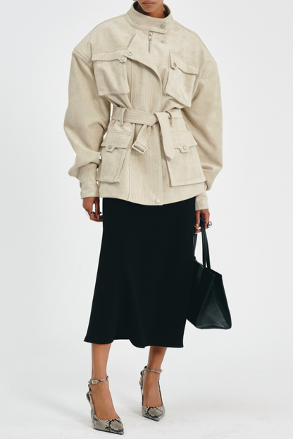 Eirata Suede Cargo Belted Jacket - Beige