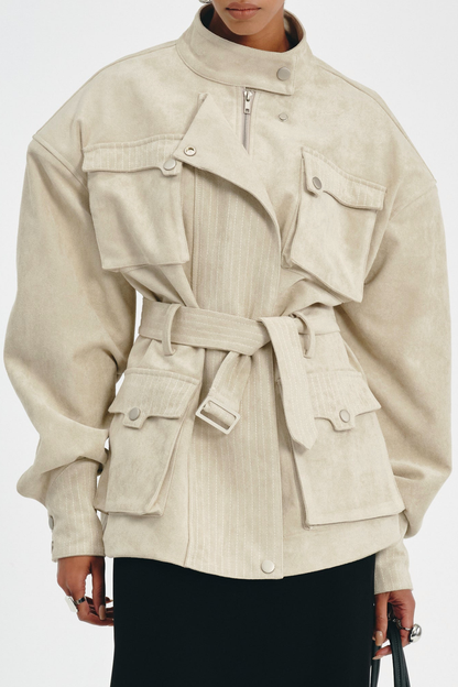 Eirata Suede Cargo Belted Jacket - Beige