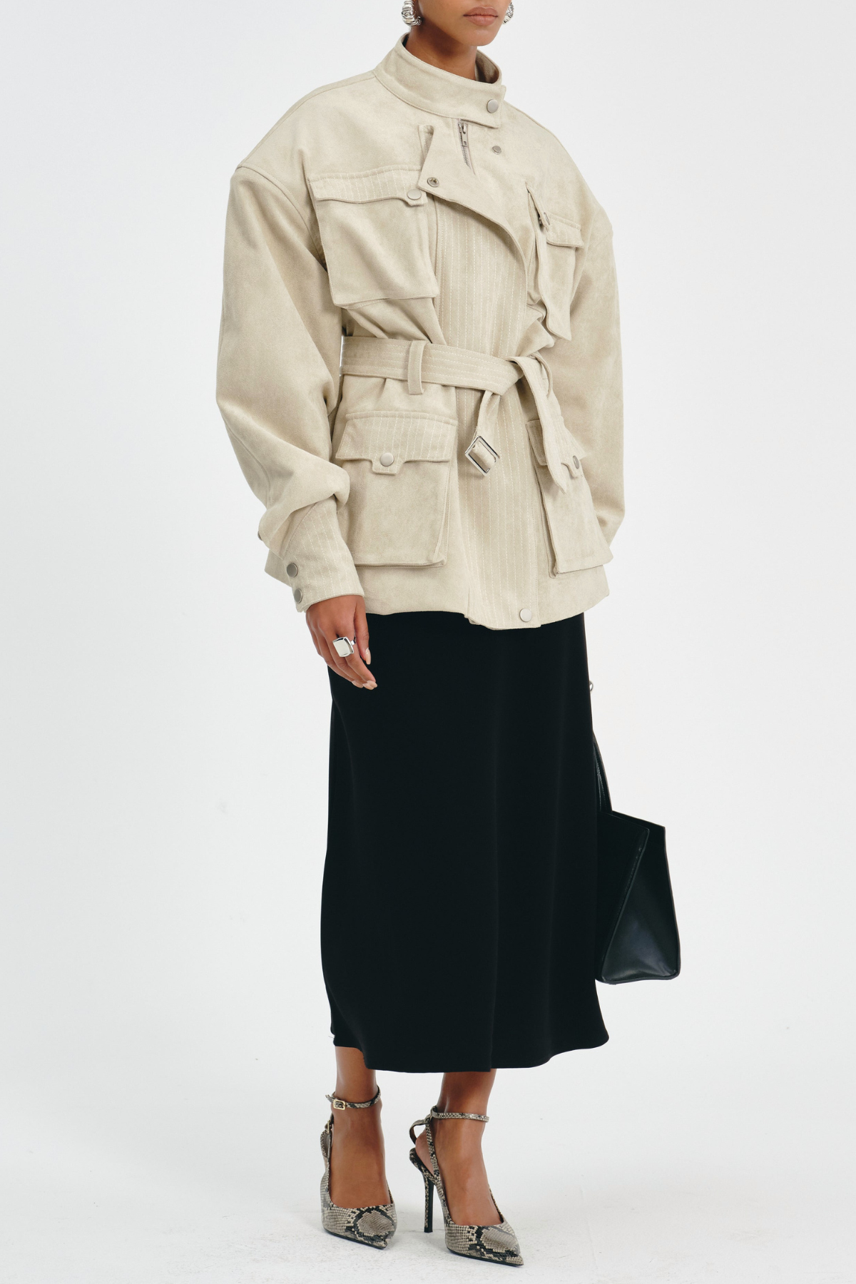 Eirata Suede Cargo Belted Jacket - Beige