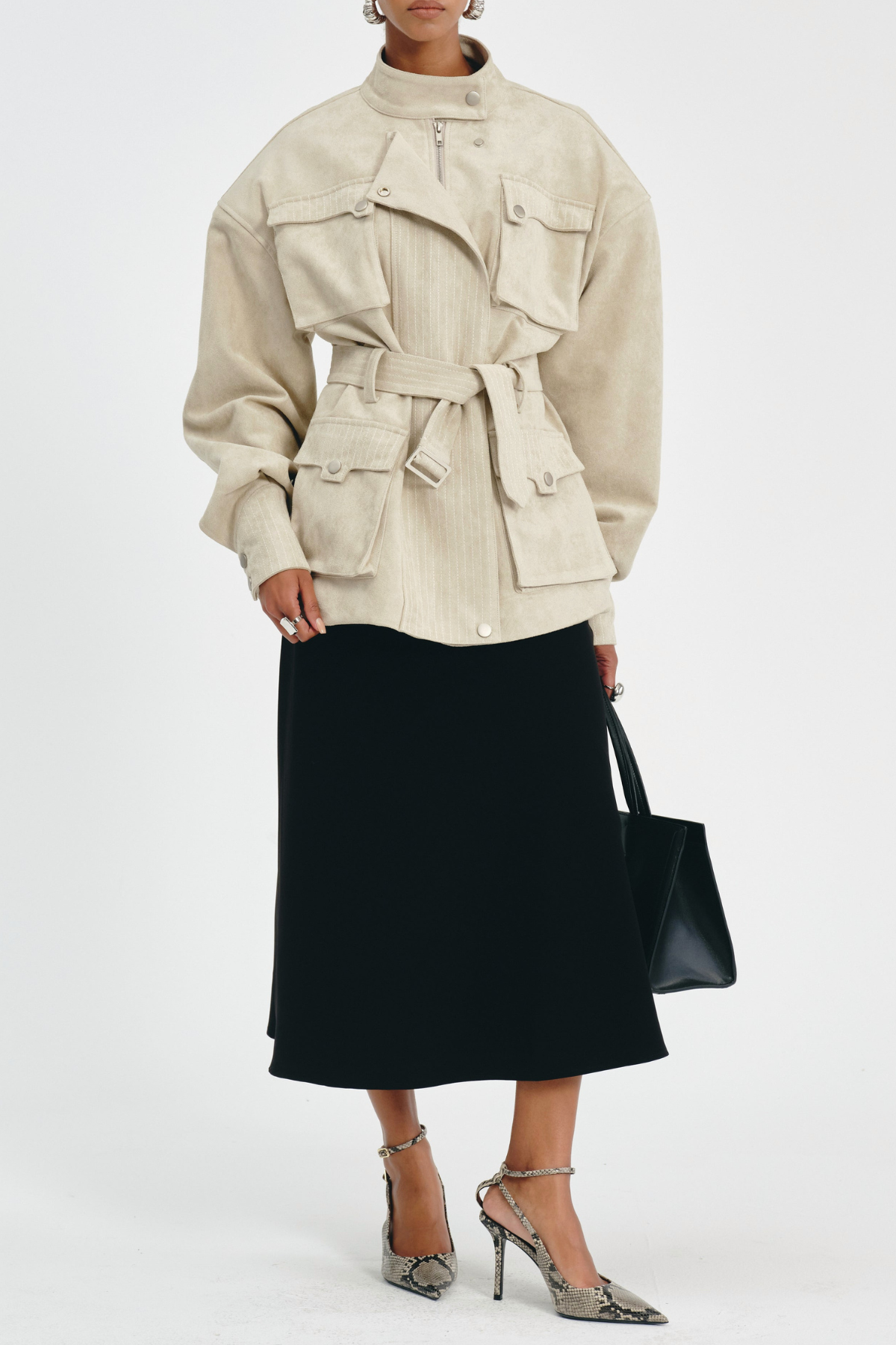 Eirata Suede Cargo Belted Jacket - Beige