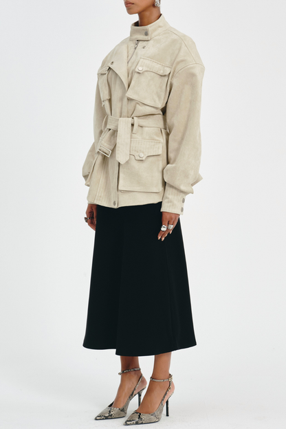 Eirata Suede Cargo Belted Jacket - Beige