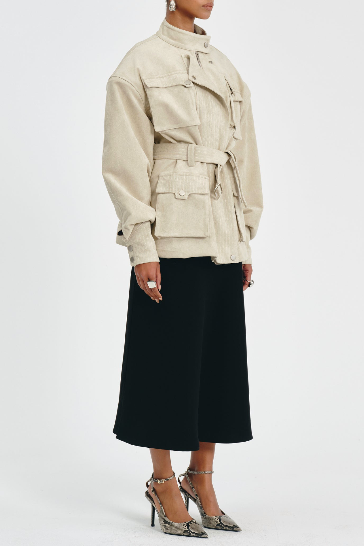 Eirata Suede Cargo Belted Jacket - Beige