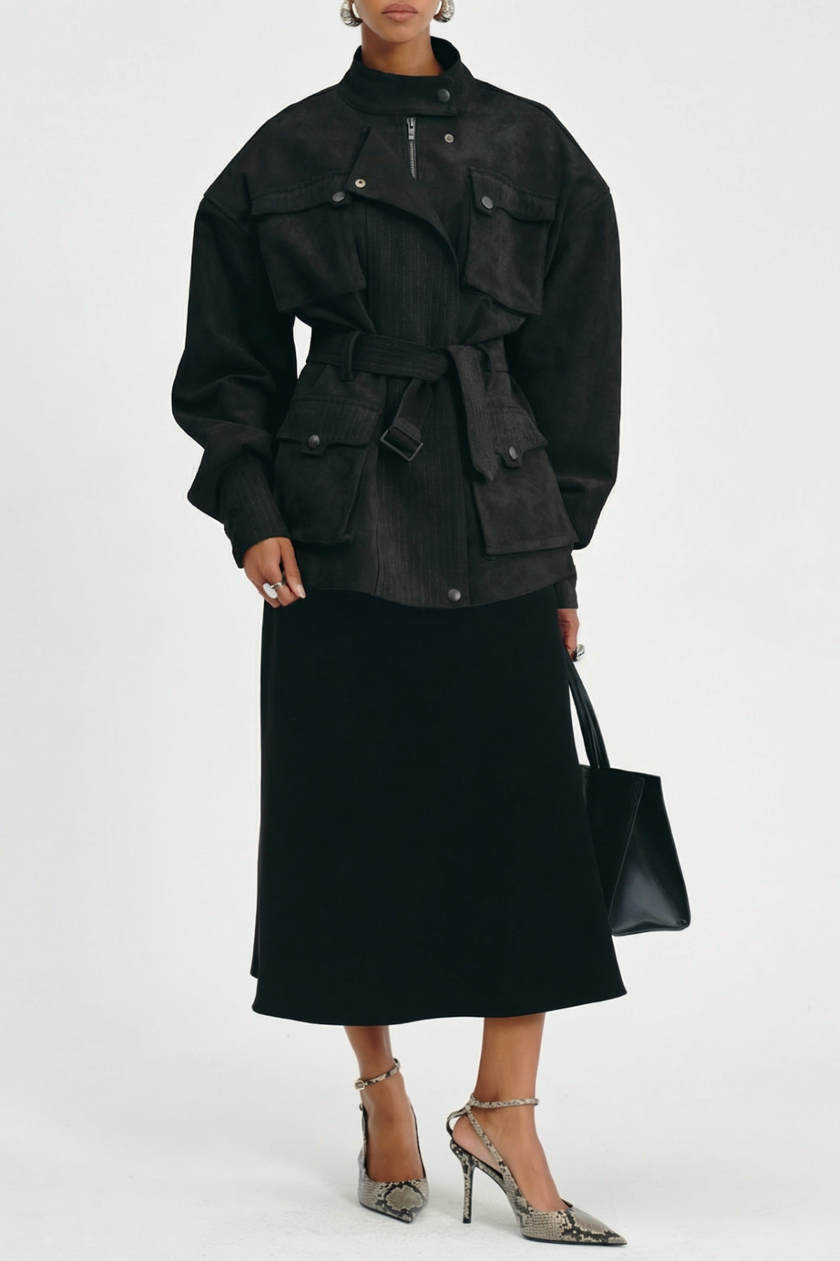 Eirata Suede Cargo Belted Jacket - Black