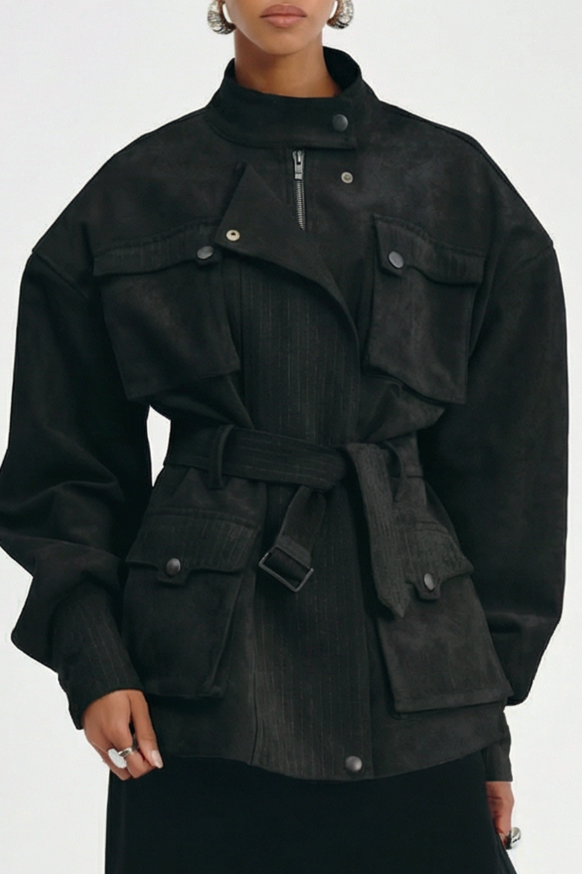 Eirata Suede Cargo Belted Jacket - Black