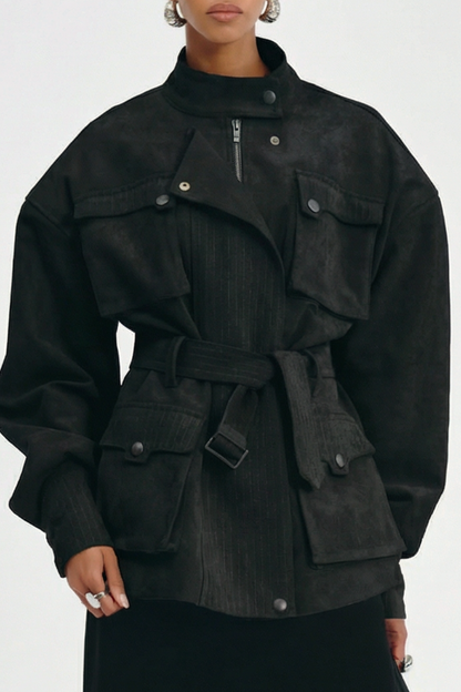 Eirata Suede Cargo Belted Jacket - Black