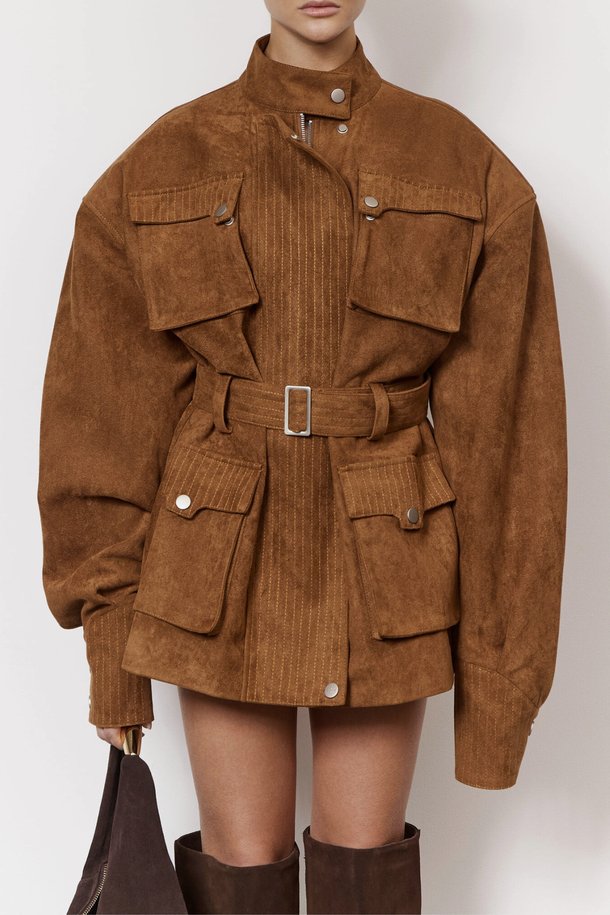 Eirata Suede Cargo Belted Jacket - Brown