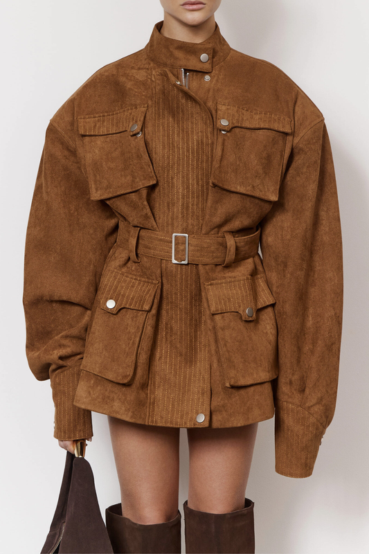 Eirata Suede Cargo Belted Jacket - Brown