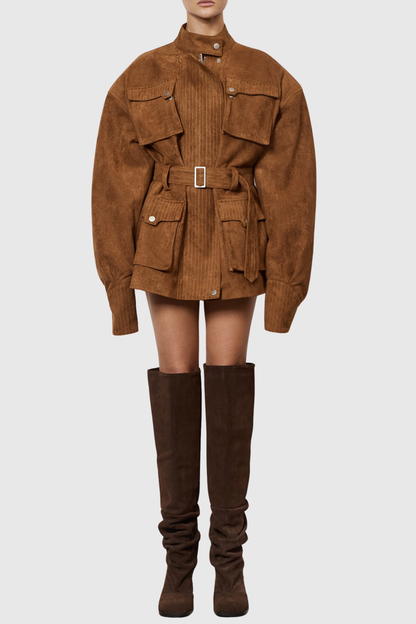 Eirata Suede Cargo Belted Jacket - Brown