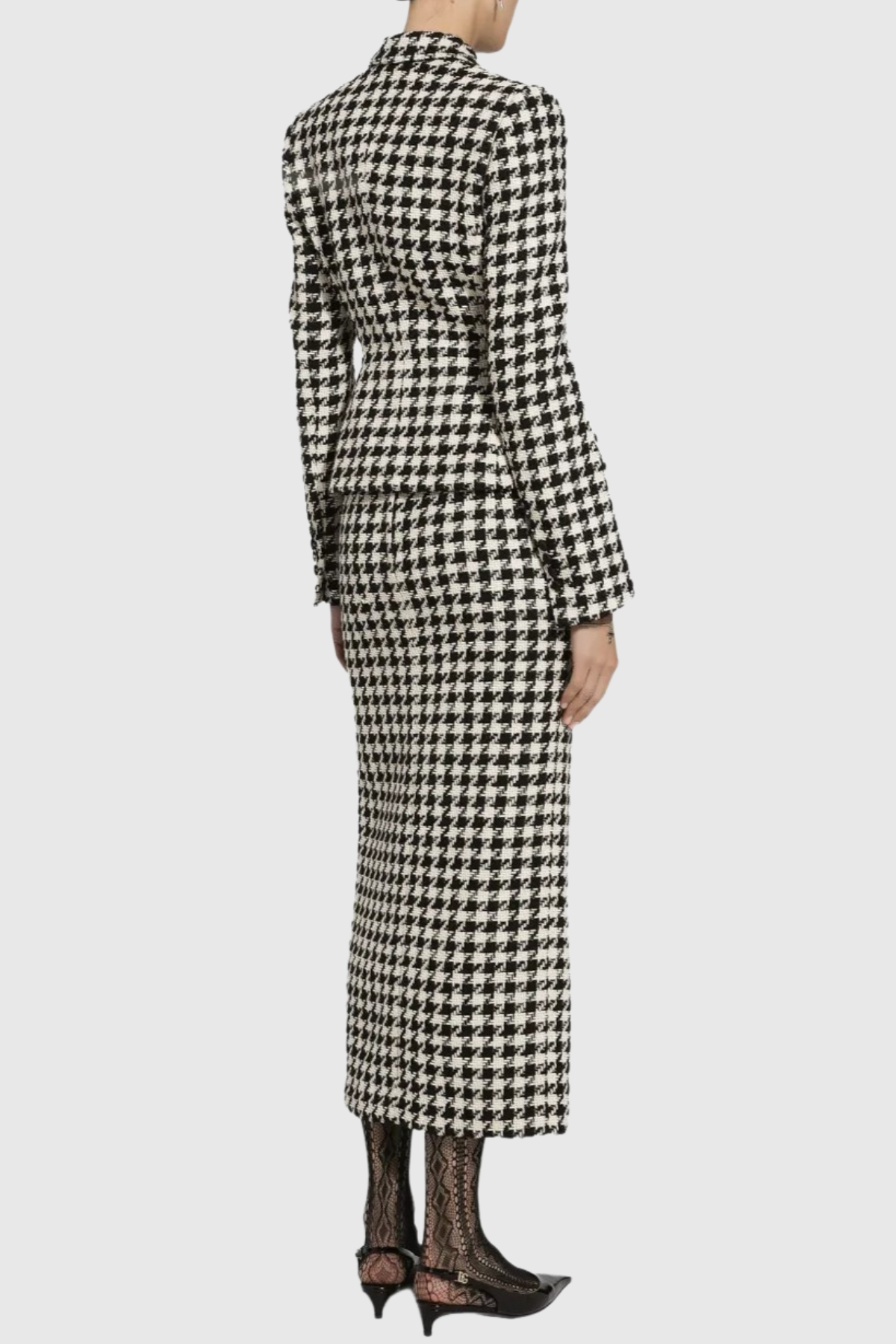 Eisa Houndstooth Tweed Jacket & Midi Skirt Set