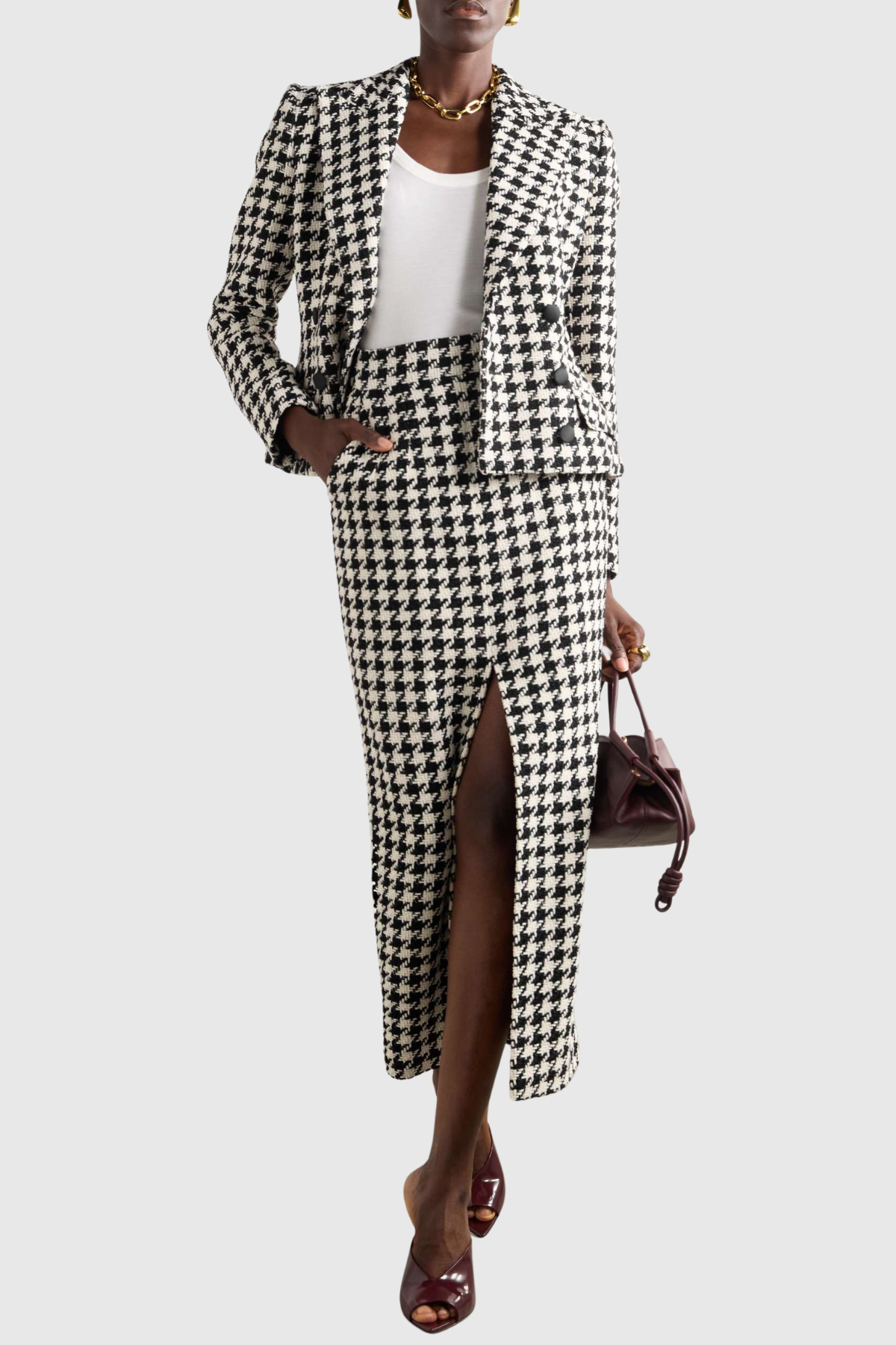 Eisa Houndstooth Tweed Jacket & Midi Skirt Set