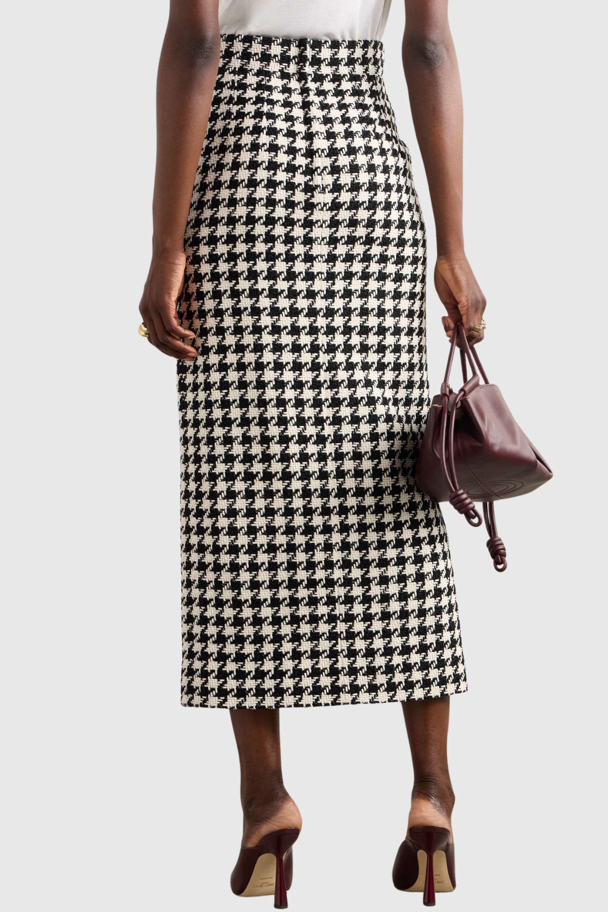 Eisa Houndstooth Tweed Jacket & Midi Skirt Set