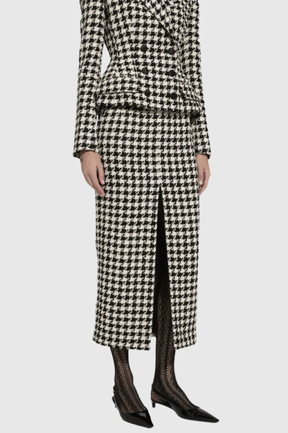 Eisa Houndstooth Tweed Jacket & Midi Skirt Set
