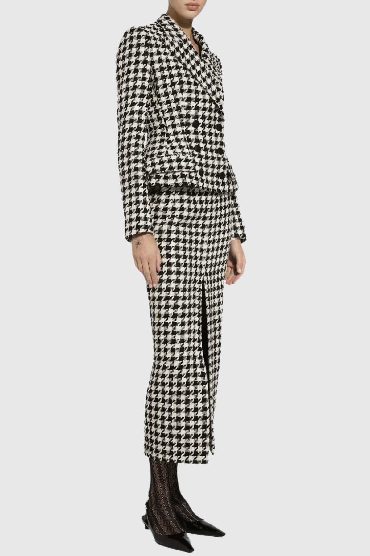 Eisa Houndstooth Tweed Jacket & Midi Skirt Set