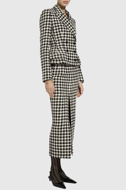 Eisa Houndstooth Tweed Jacket & Midi Skirt Set