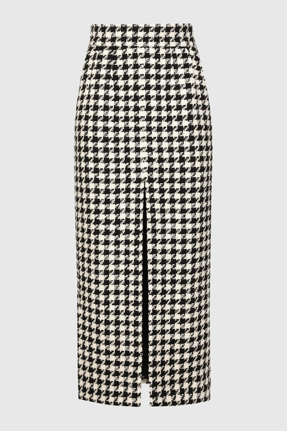 Eisa Houndstooth Tweed Jacket & Midi Skirt Set