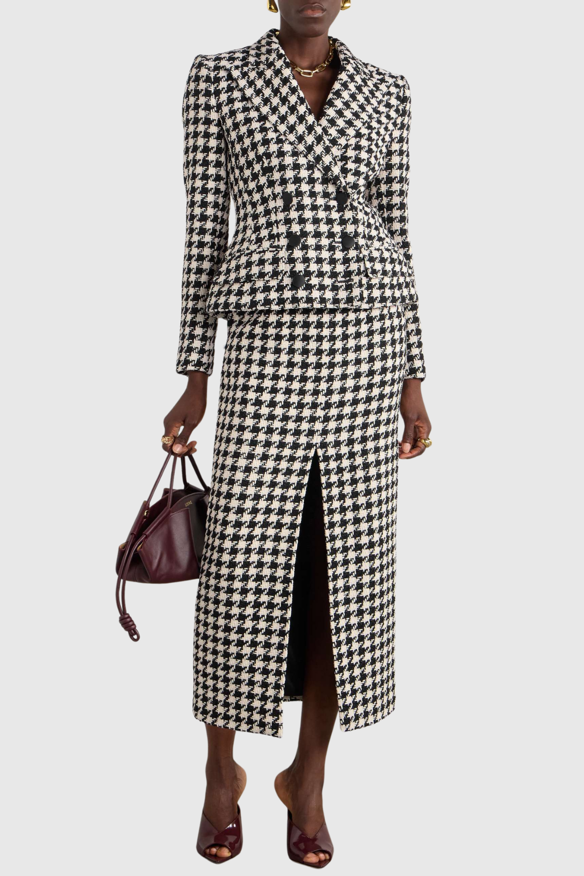 Eisa Houndstooth Tweed Jacket & Midi Skirt Set