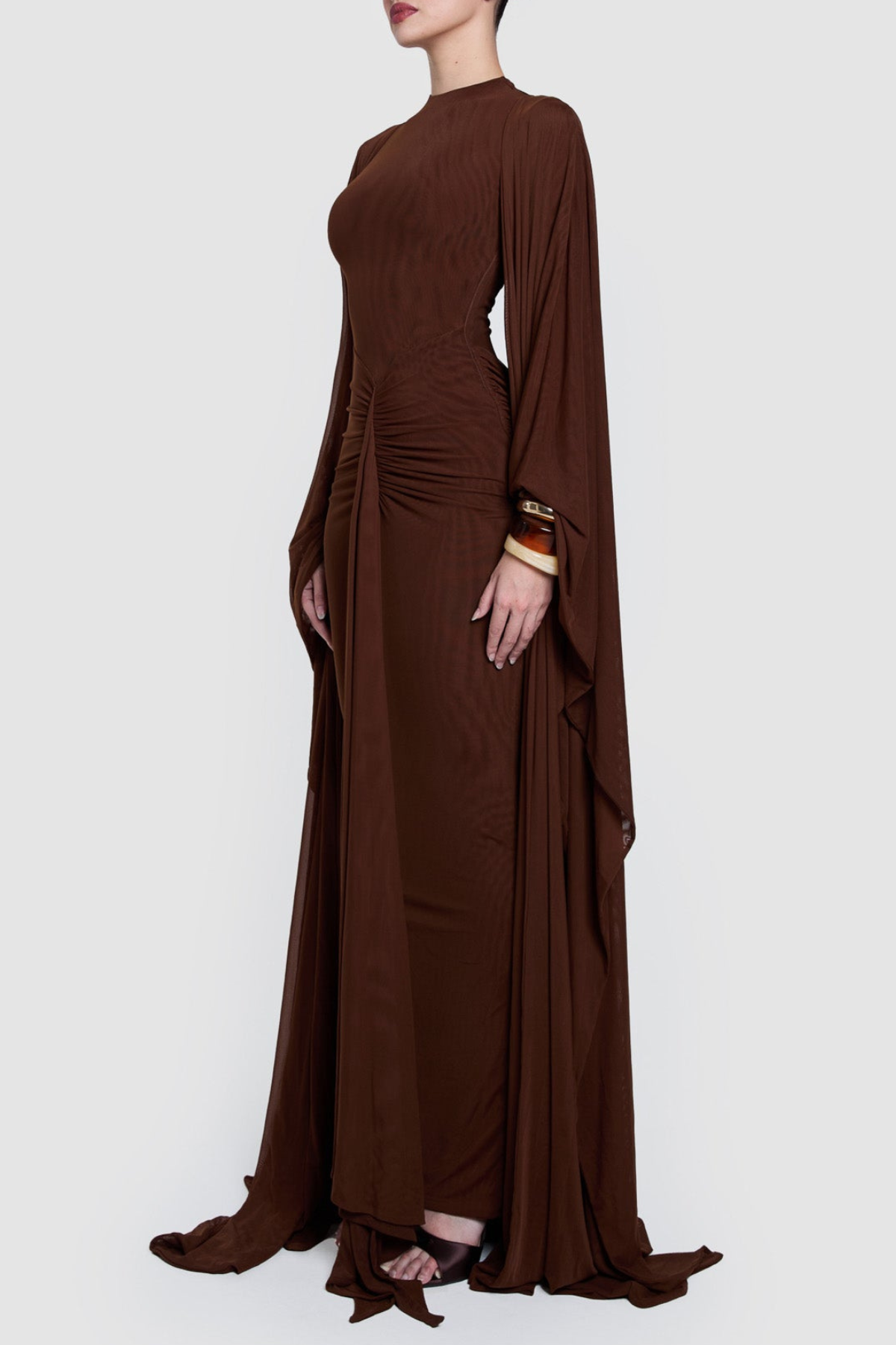Eisao Mesh Draped Cape Maxi Dress - Brown