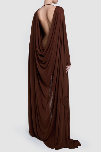Eisao Mesh Draped Cape Maxi Dress - Brown