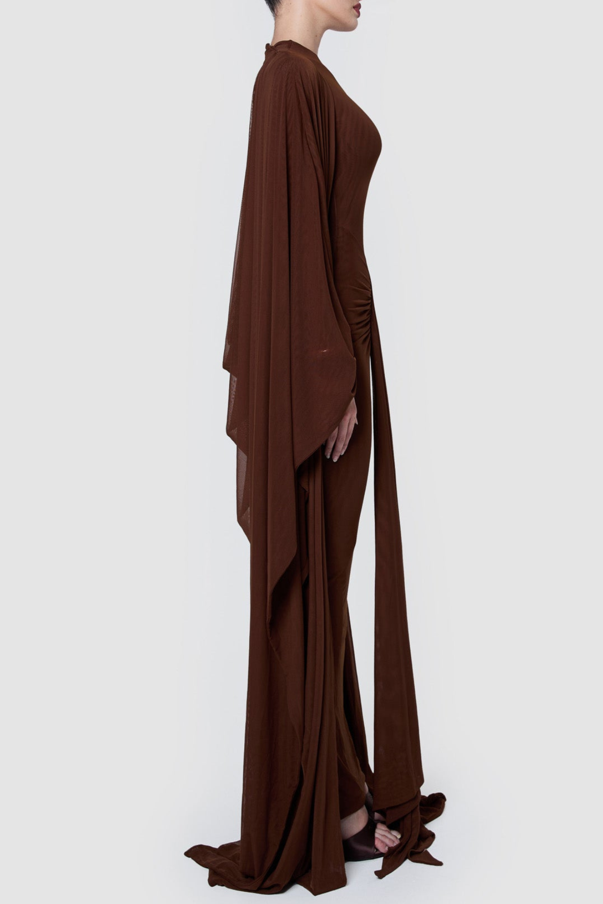 Eisao Mesh Draped Cape Maxi Dress - Brown