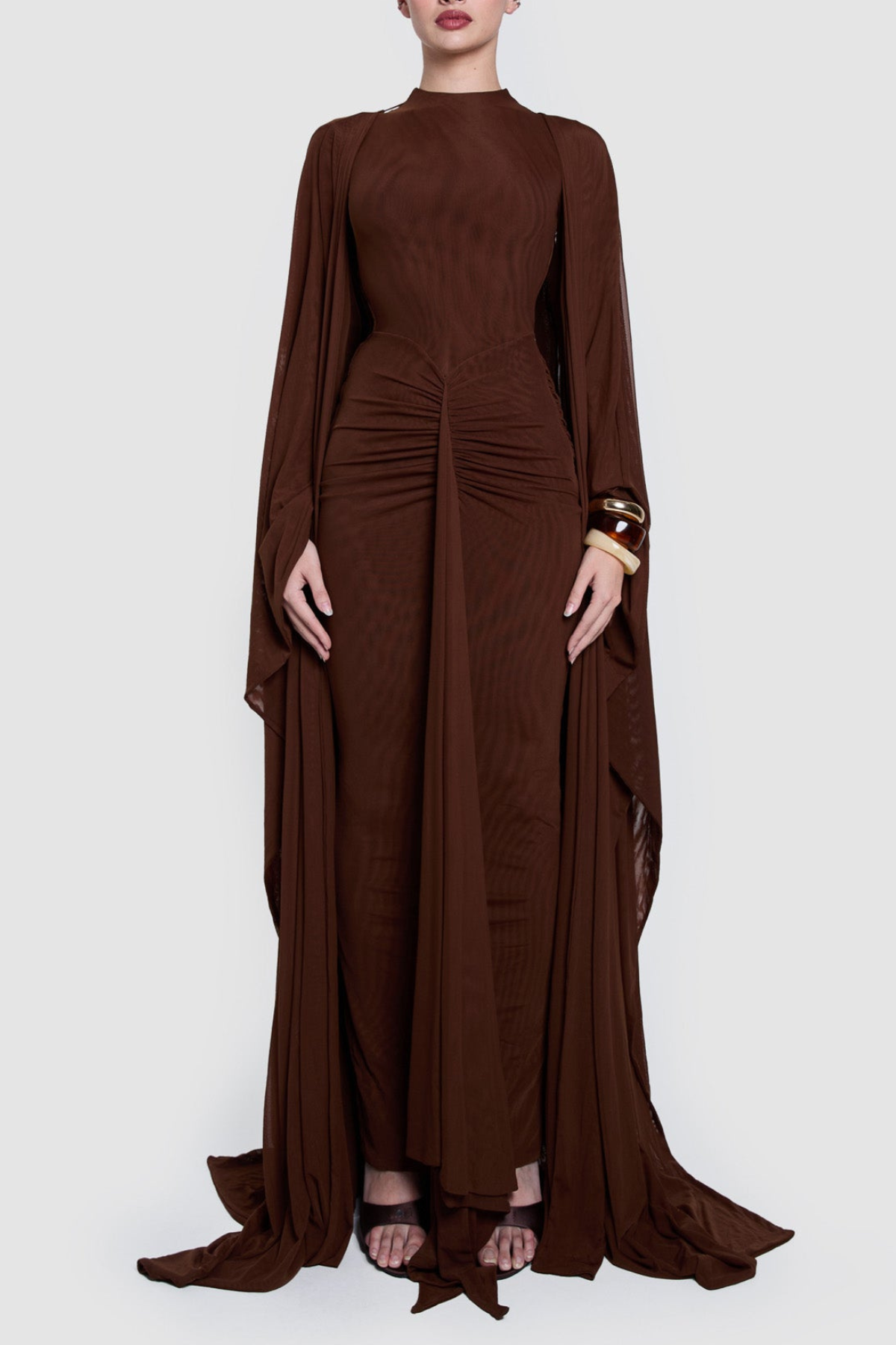 Eisao Mesh Draped Cape Maxi Dress - Brown