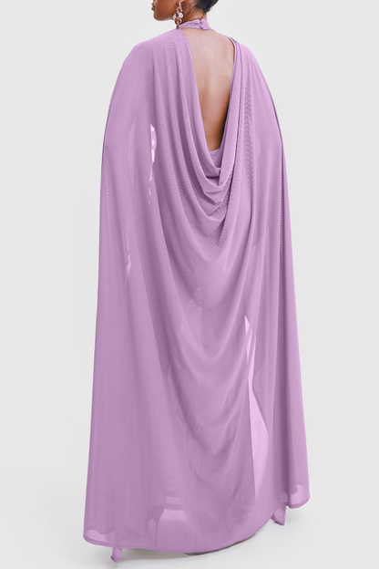Eisao Mesh Draped Cape Maxi Dress - Purple
