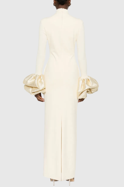 Ekatera Crystal Puff Sleeves Maxi Dress - Beige
