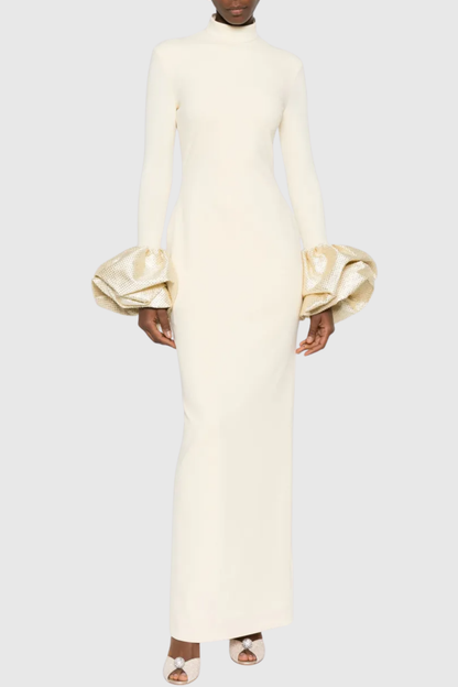 Ekatera Crystal Puff Sleeves Maxi Dress - Beige