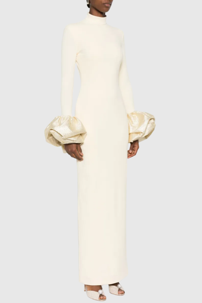 Ekatera Crystal Puff Sleeves Maxi Dress - Beige