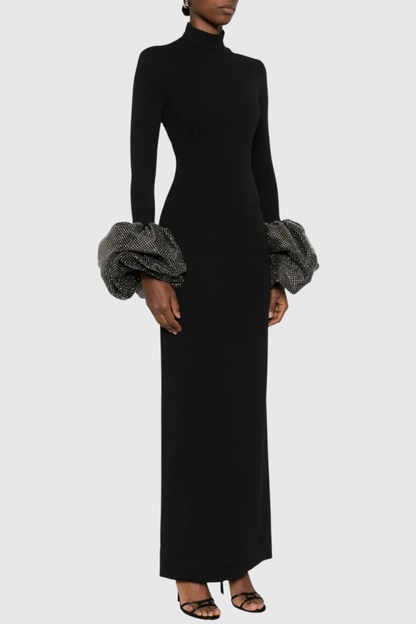 Ekatera Crystal Puff Sleeves Maxi Dress - Black