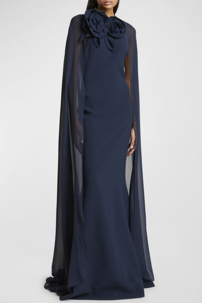 Ekateria Floral Appliqué Cape Sleeve Maxi Dress