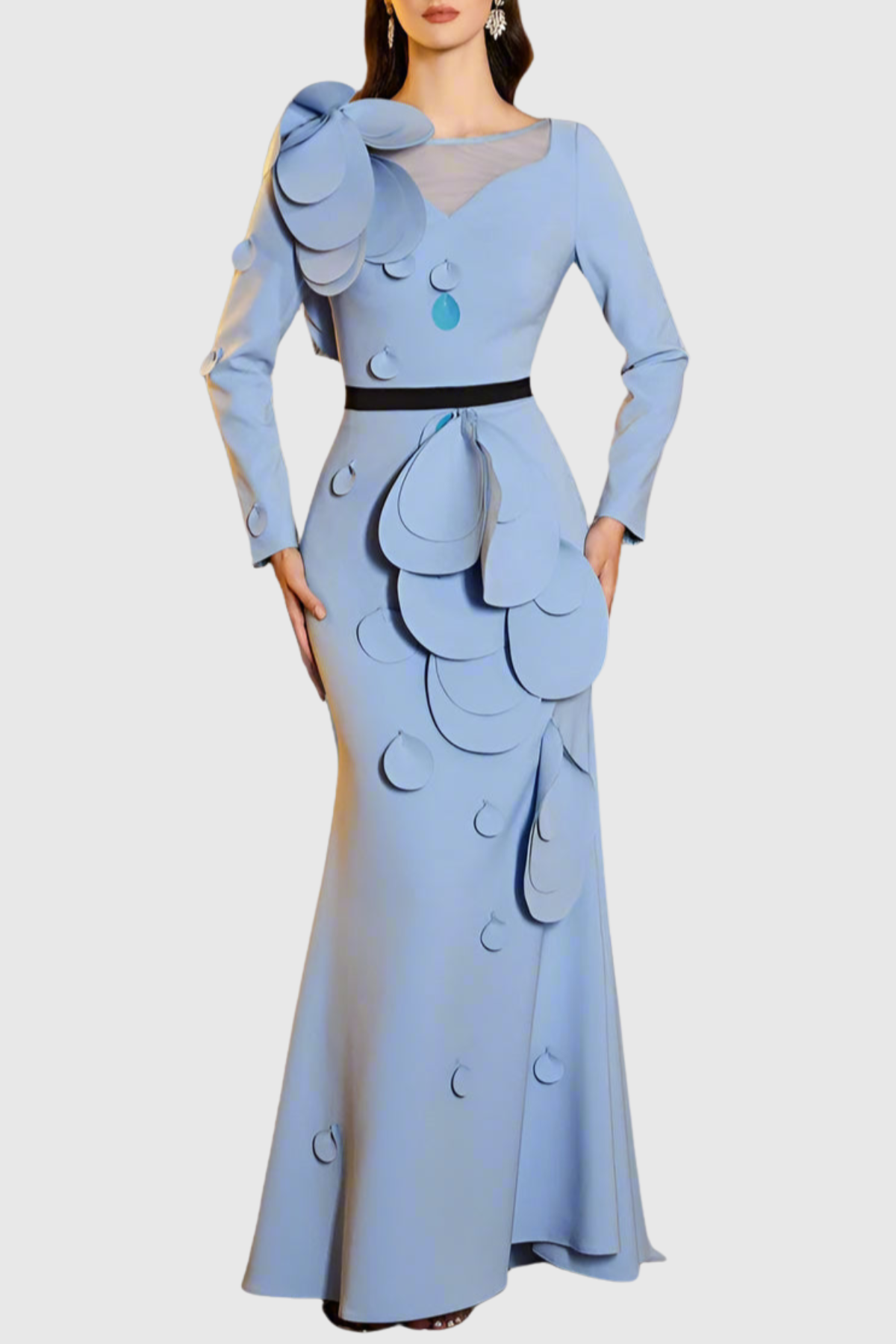 Elder Floral Petal Appliqué Embellished Maxi Dress - Blue