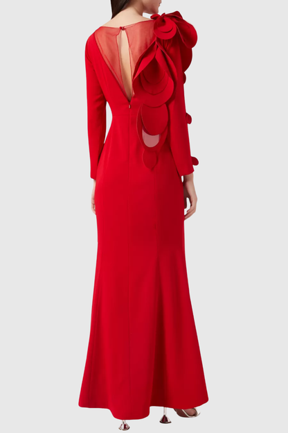 Elder Floral Petal Appliqué Embellished Maxi Dress - Red