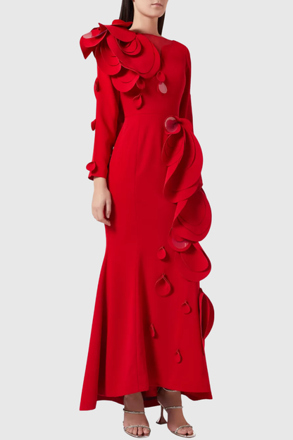 Elder Floral Petal Appliqué Embellished Maxi Dress - Red