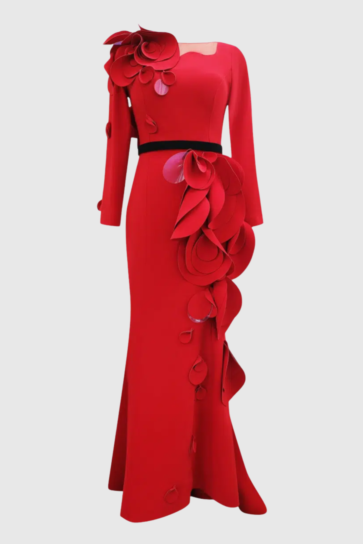 Elder Floral Petal Appliqué Embellished Maxi Dress - Red