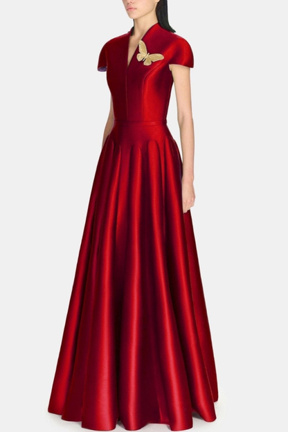 Elder Satin Flared Silhouette Maxi Dress - Red