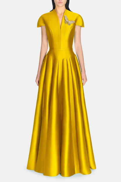 Elder Satin Flared Silhouette Maxi Dress - Yellow