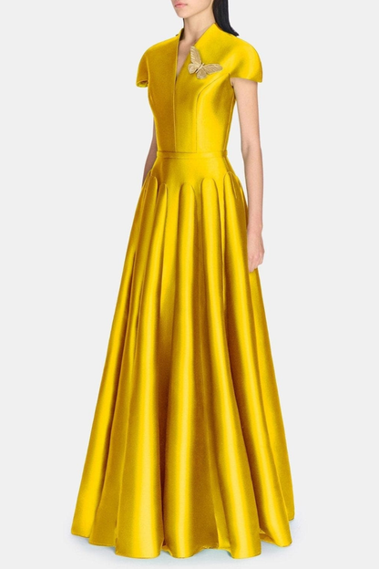 Elder Satin Flared Silhouette Maxi Dress - Yellow
