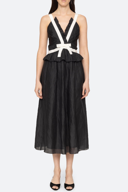 Eleanore V-neck Bow Midi Dress - Black