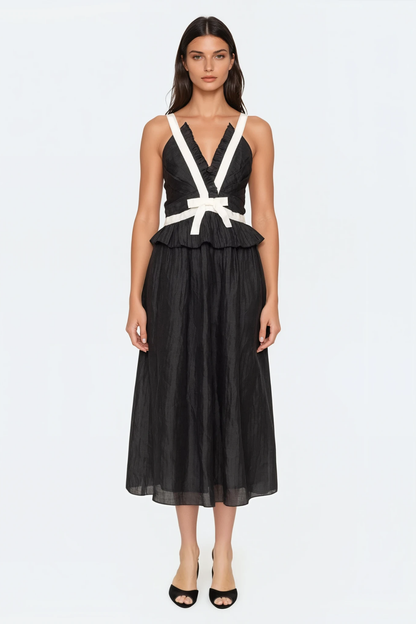 Eleanore V-neck Bow Midi Dress - Black