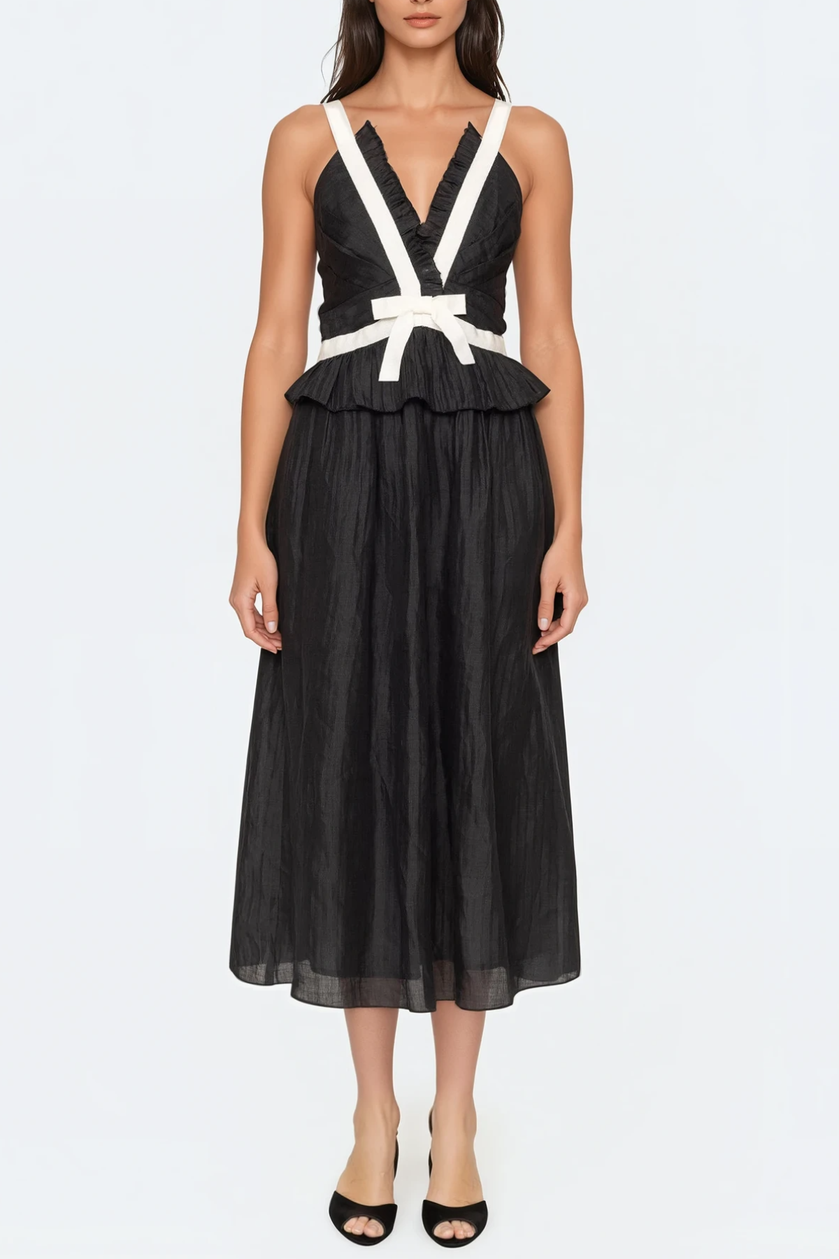 Eleanore V-neck Bow Midi Dress - Black