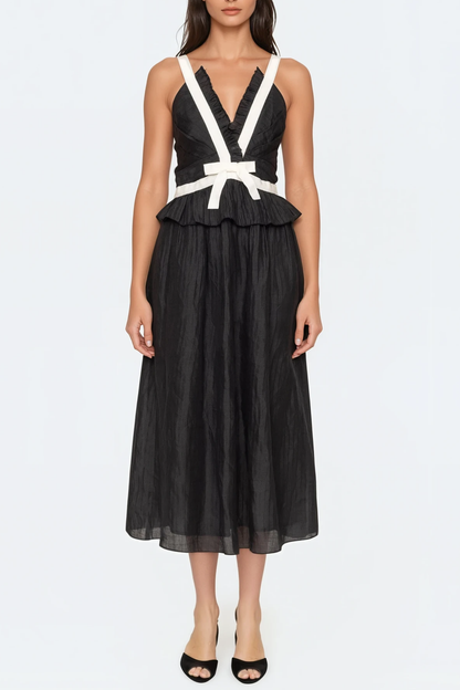 Eleanore V-neck Bow Midi Dress - Black