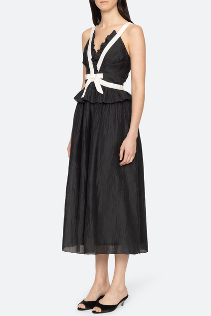 Eleanore V-neck Bow Midi Dress - Black