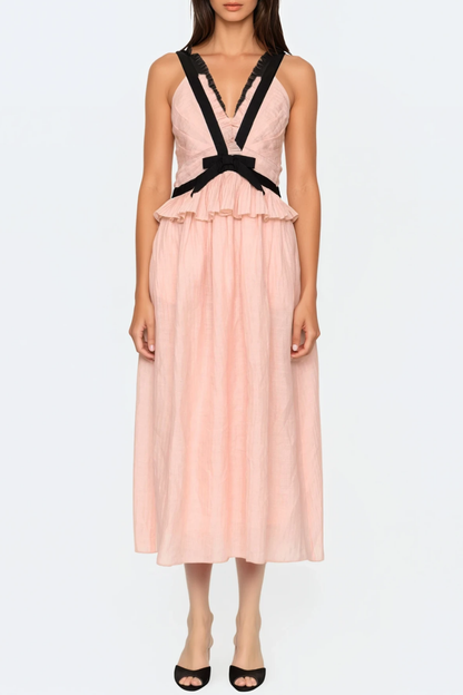 Eleanore V-neck Bow Midi Dress - Pink