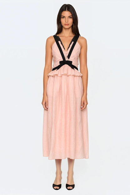Eleanore V-neck Bow Midi Dress - Pink