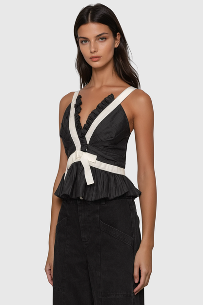 Eleanore V-neck Bow Top - Black