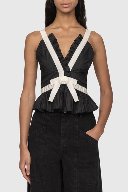 Eleanore V-neck Bow Top - Black