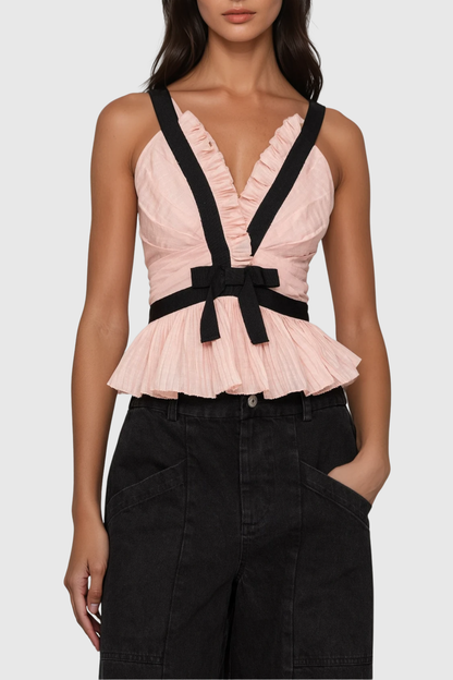 Eleanore V-neck Bow Top - Pink