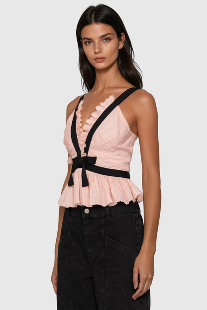 Eleanore V-neck Bow Top - Pink